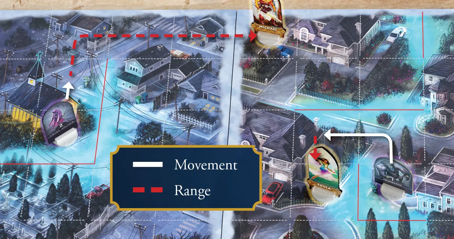 Battlefield map: a Cruel Archer engaging Michael at left, an Abomination moving toward Shula at right. Solid white lines show movement, red dashed lines show range.
