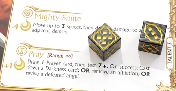 The Pray skill on a Talent card, with two dice rolled for the test