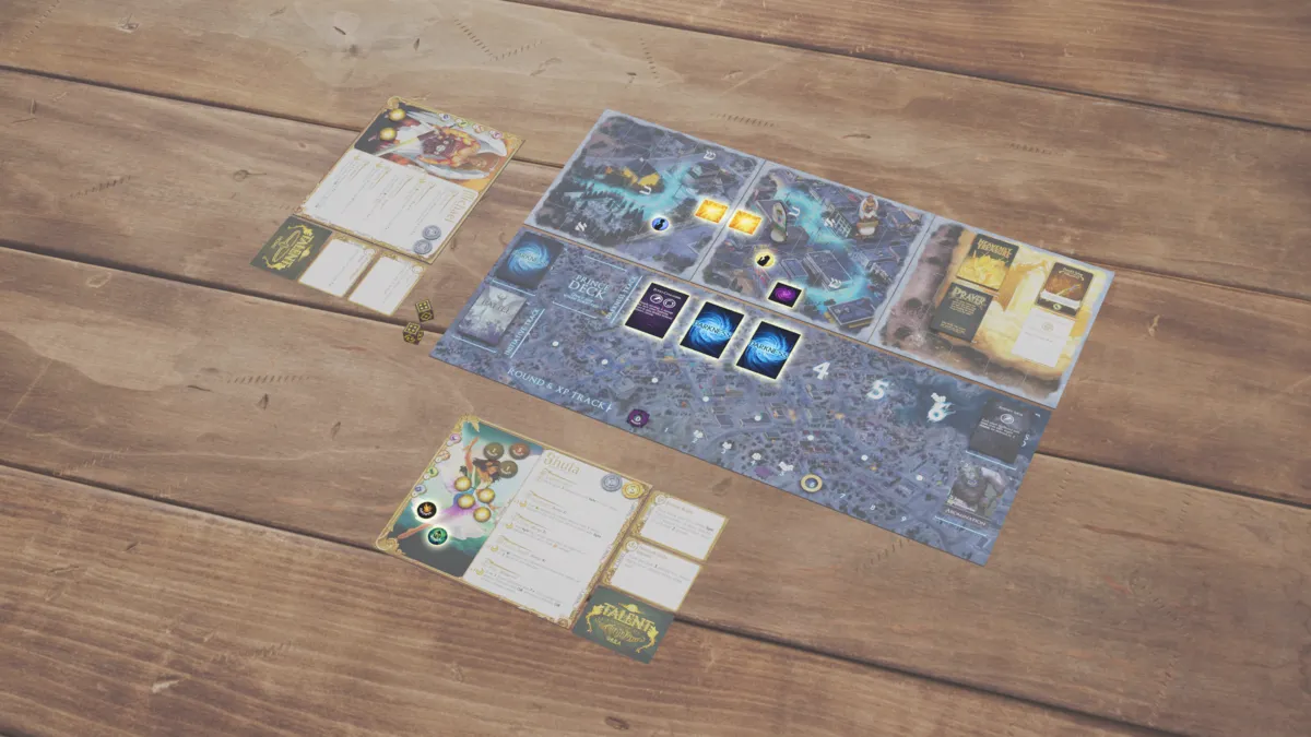 The map cleared after the first battle: the angels hold their spaces while saints, status effects, and face-down Darkness cards are gone and the round tracker sits back on 0