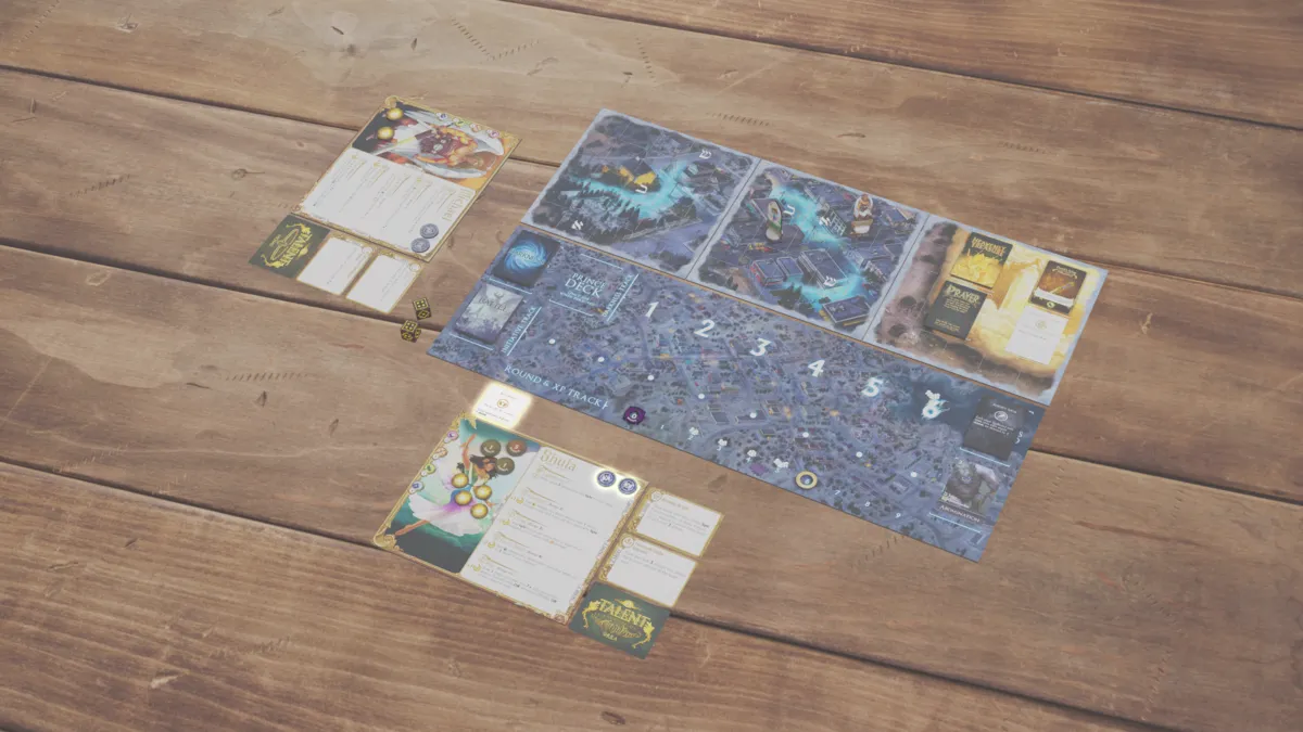 A Prayer card drawn beside an angel character board for an unused action