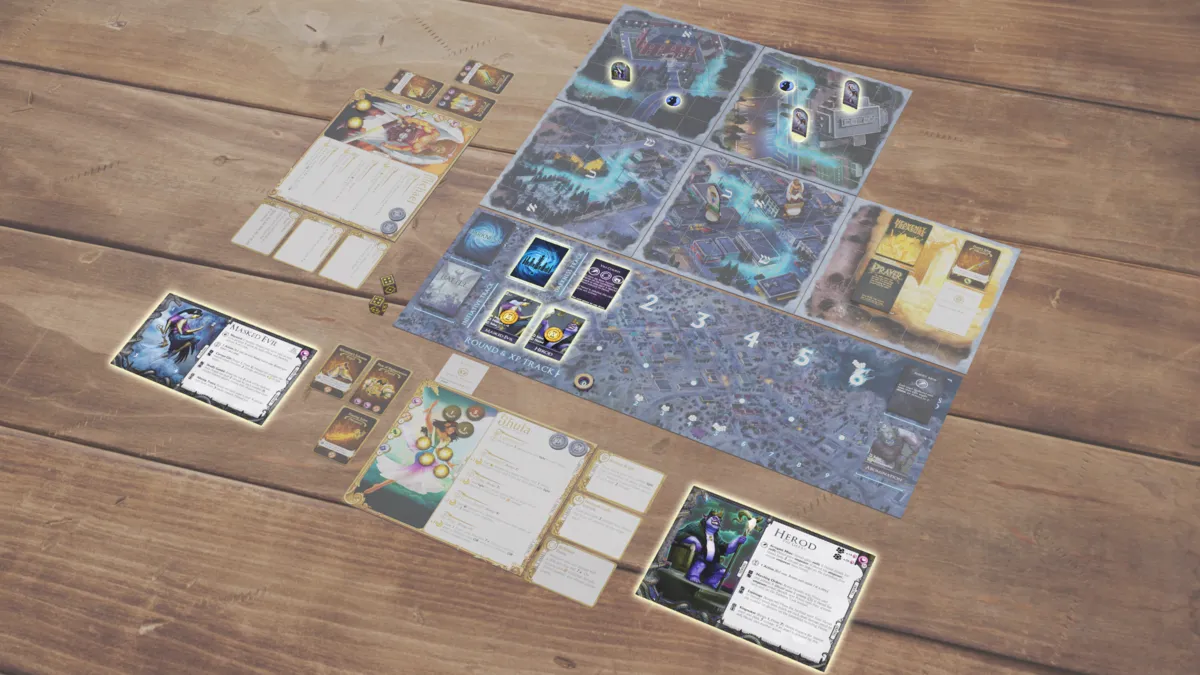 Demon standees staged on the new tiles, Battle cards slotted on the Initiative Track, and the Fallen Prince's character board, minion board, and Prince Darkness deck set out