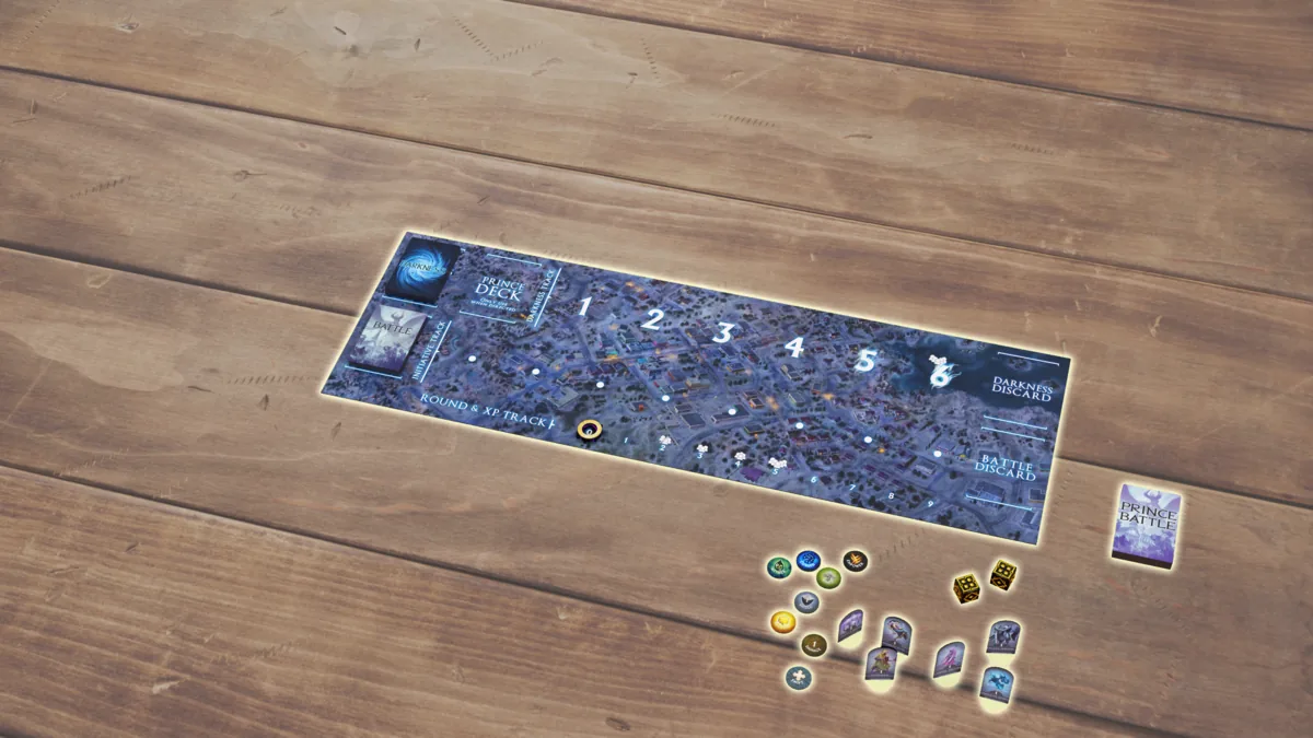 The Darkness board with the Darkness and Battle decks in place, the round and XP tokens stacked on 0, and demon boards, standees, tokens, and dice gathered nearby