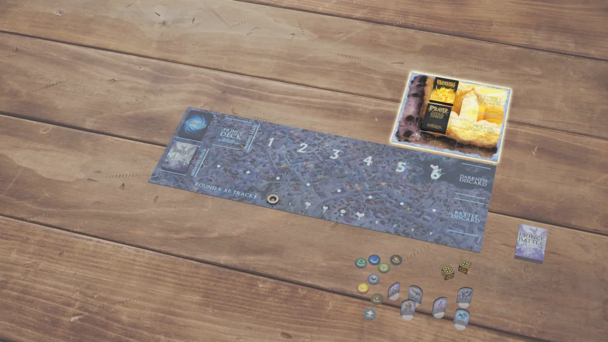The Heavenly Gates tile placed near the Darkness board, holding the Prayer and Heavenly Treasure decks