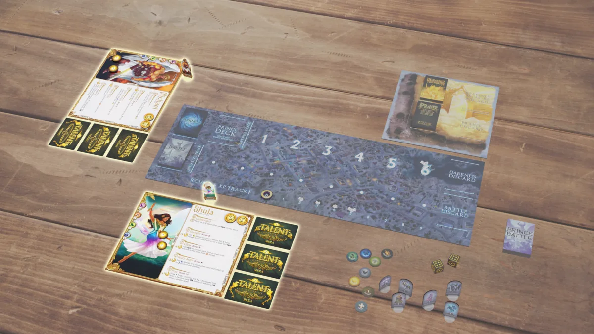 Two angel character boards with action tokens, Courage tokens, and face-down Talent decks arranged beside them