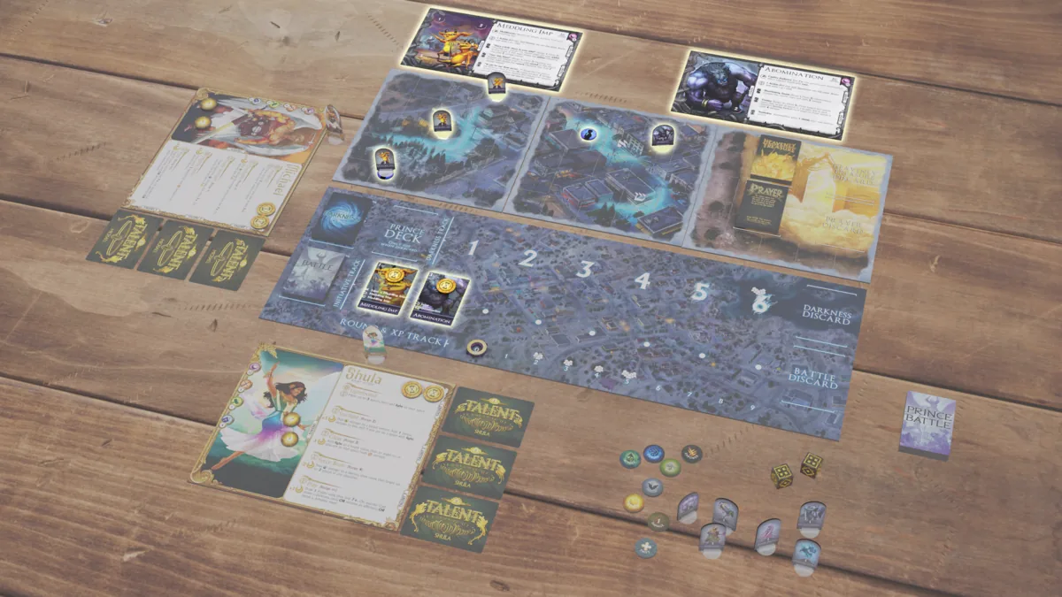 Demon standees and saint tokens staged on the map tiles, their Battle cards slotted on the Initiative Track with gold action tokens