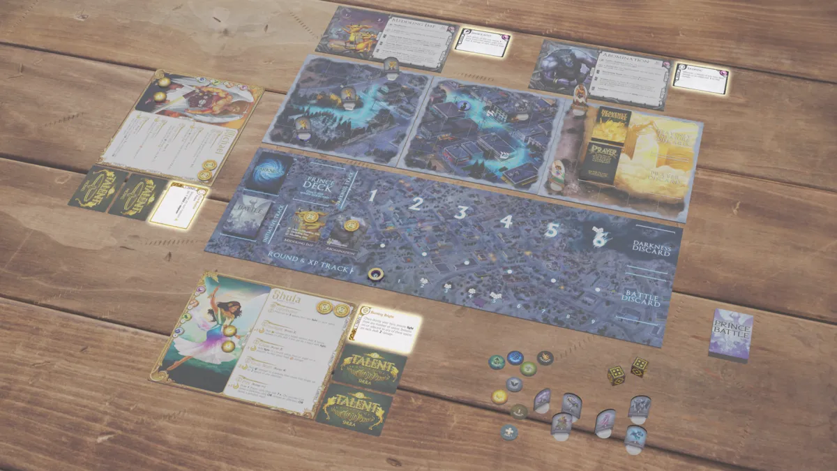Demon Talent cards dealt beside each demon character board and an angel Talent revealed, marking a higher difficulty